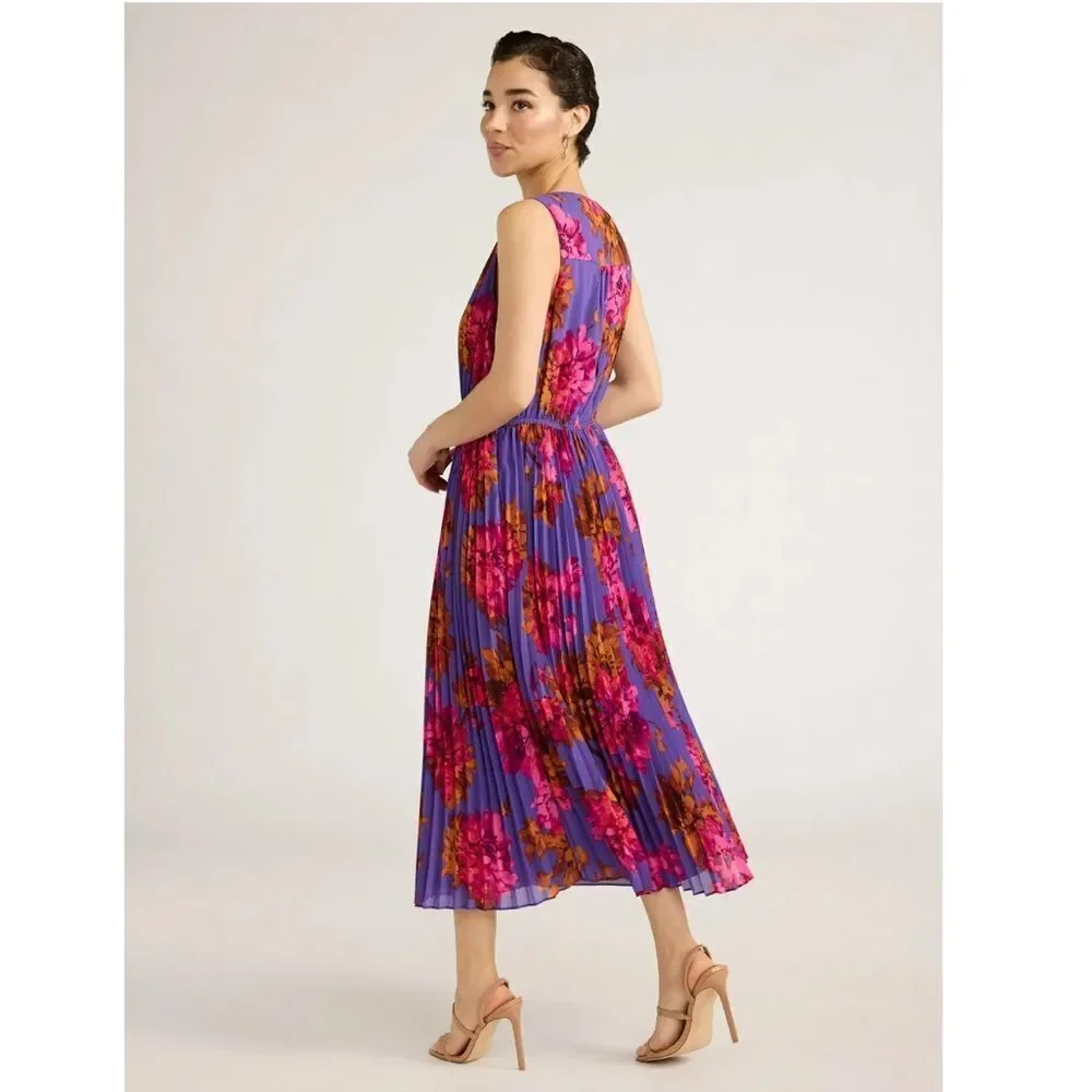 Sofia Vergara Sleeveless Pleated V-Neck Sheer Dress, Above Ankle Length, Size S - Picture 7 of 8